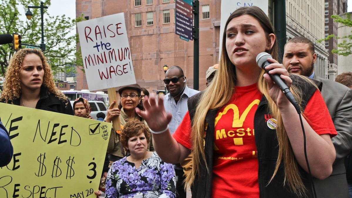  Taylor McLoon, a McDonald's worker from New Zealand, supports Philadelphia fast food workers. (Kimberly Paynter/WHYY) 