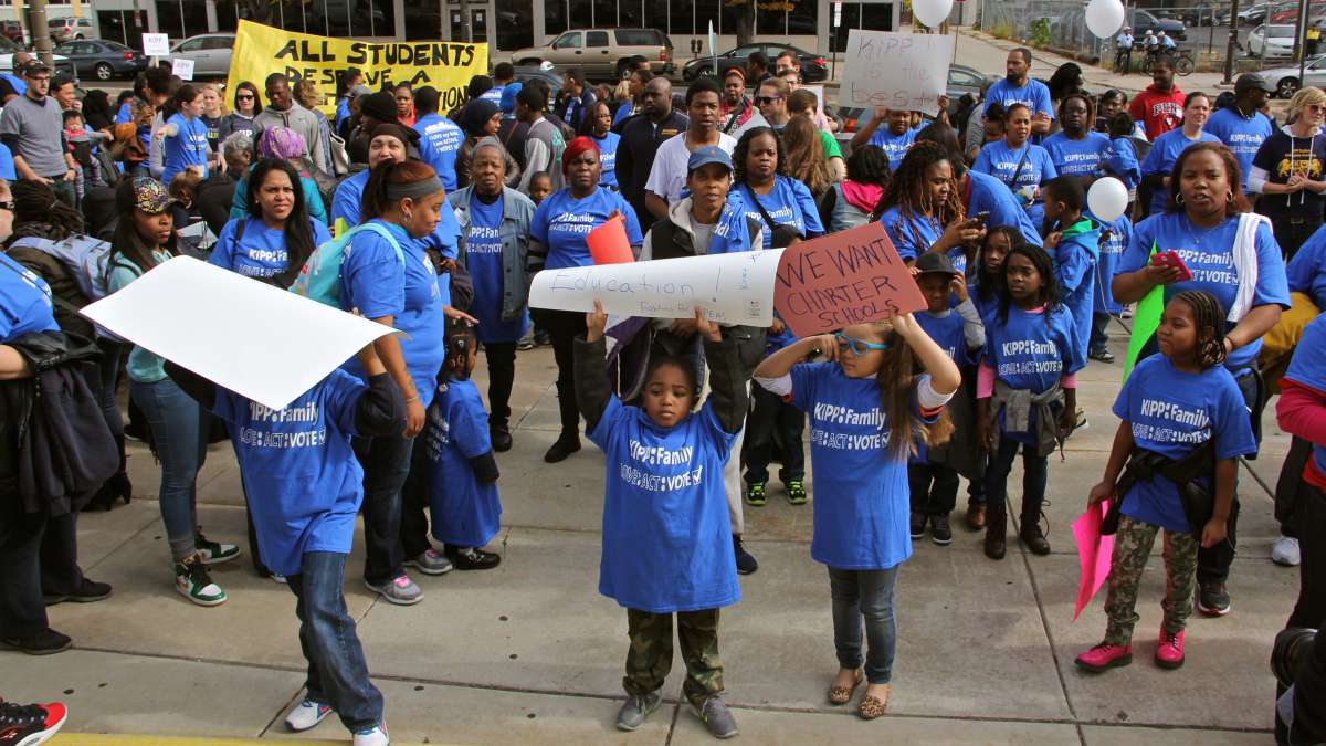  Charter school advocates rally in front of the Philadelphia school administration building in November. (Emma Lee/WHYY) 