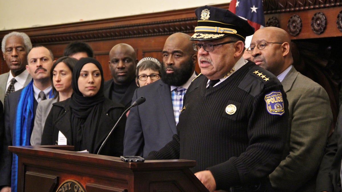 Police Commissioner Charles Ramsey joins Mayor Michael Nutter in condemning the 'desecration' at the Al Aqsa mosque in North Philadelphia. (Emma Lee/WHYY)
