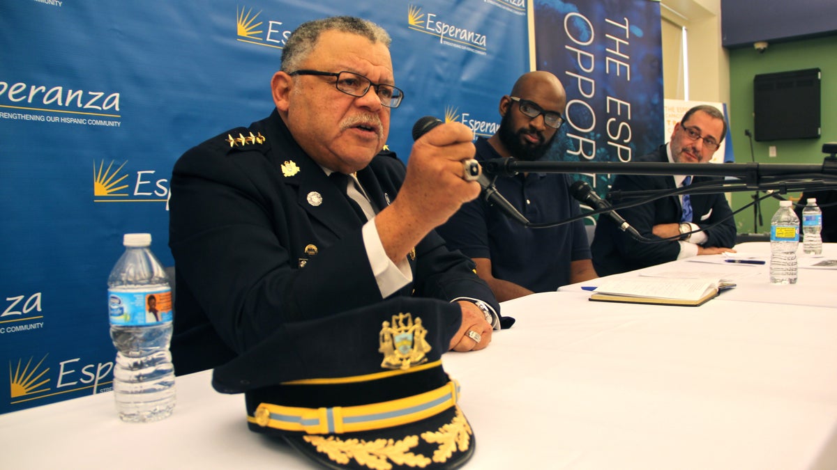  Philadelphia Police Commissioner Charles Ramsey (left) speaks at a panel discussion with (from left) Baltimore Pastor Joshua Smith and Esperanza President and CEO the Rev. Luis Cortes. (Emma Lee/WHYY) 