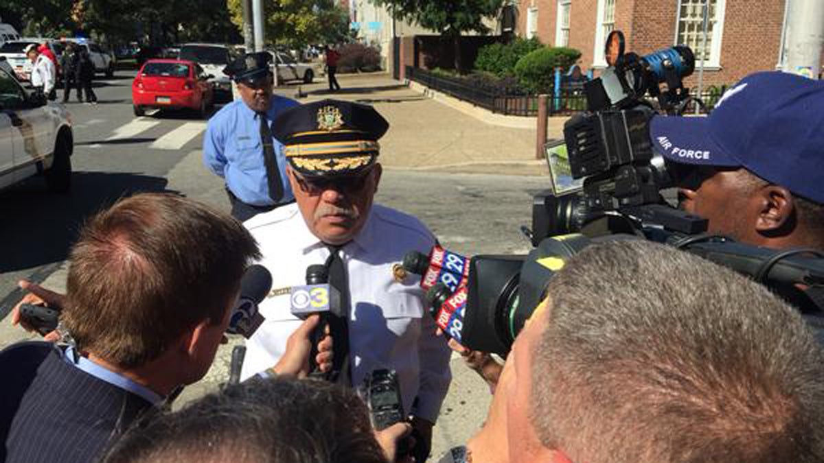  Police commissioner Charles Ramsey addressed reporters outside the Community College of Philadelphia following a lockdown of the campus Tuesday morning.(Bobby Allyn/WHYY) 