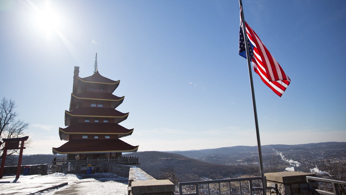  Readings’ famous landmark, Pagoda, from Mount Penn on a wintery January morning.  (Lindsay Lazarski/WHYY) 