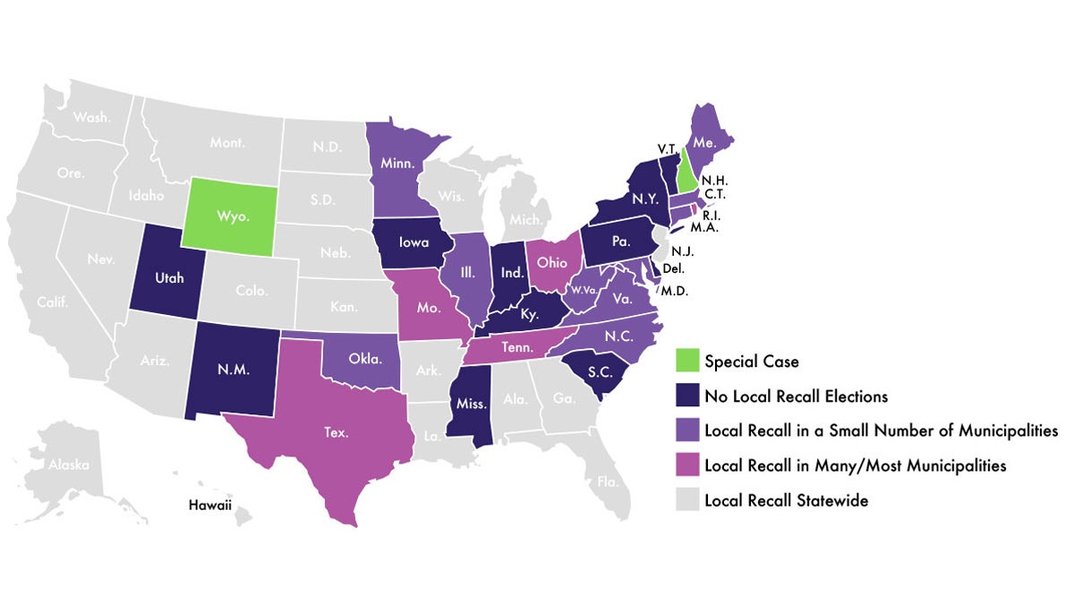 Most states allow voter recall of municipal officials in some or all communities. (Graphic by Tom Downing/WITF)