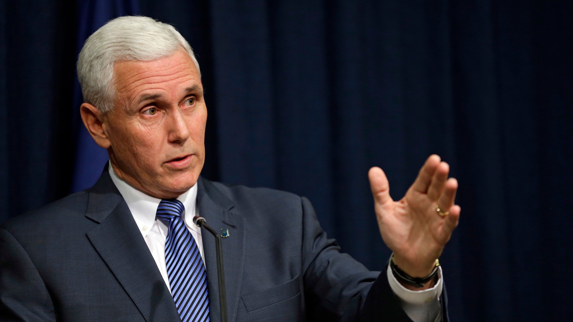  Indiana Gov. Mike Pence holds a news conference at the Statehouse in Indianapolis, Thursday, March 26, 2015.  Pence has signed into law a religious objections bill that some convention organizers and business leaders have opposed amid concern it could allow discrimination against gay people. (AP Photo/Michael Conroy) 