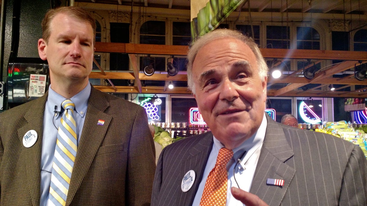  Ed Rendell,  former governor of Pennsylvania and former mayor of Philadelphia, endorses Paul Steinke, left, for an at-large Council seat at Reading Terminal Market, where Steinke was general manager for 13 years.  (Katie Colaneri/WHYY) 