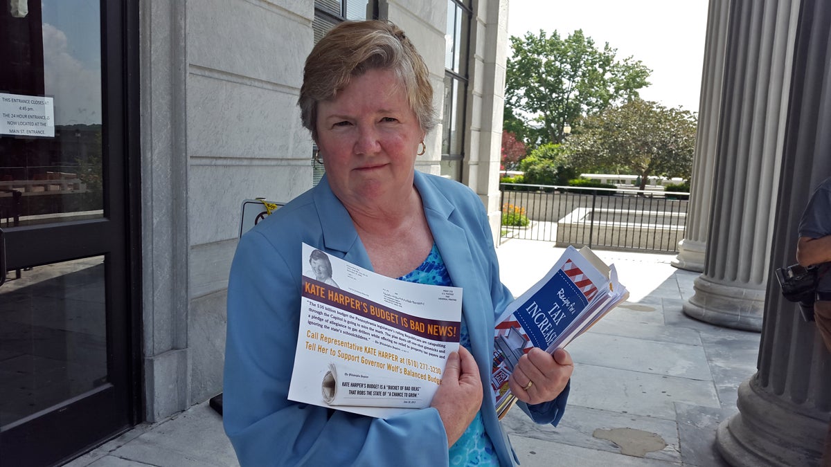  Pa. Rep. Kate Harper, R-Montgomery, holds mailings which she says unfairly depict her views on the state budget. (Laura Benshoff/WHYY) 