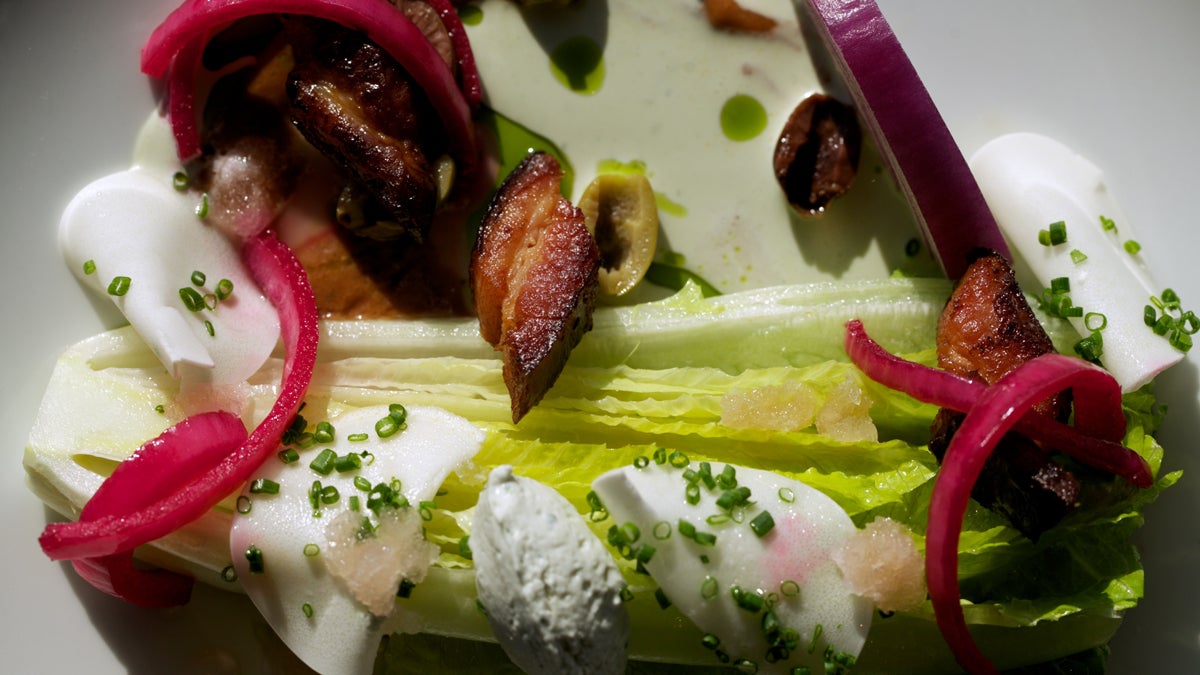  R2L's Steak House Salad: romaine lettuce, bacon lardons, raw and pickled red onion, blue cheese boursin, house steak sauce and pickled olives (Nathaniel Hamilton/for NewsWorks) 