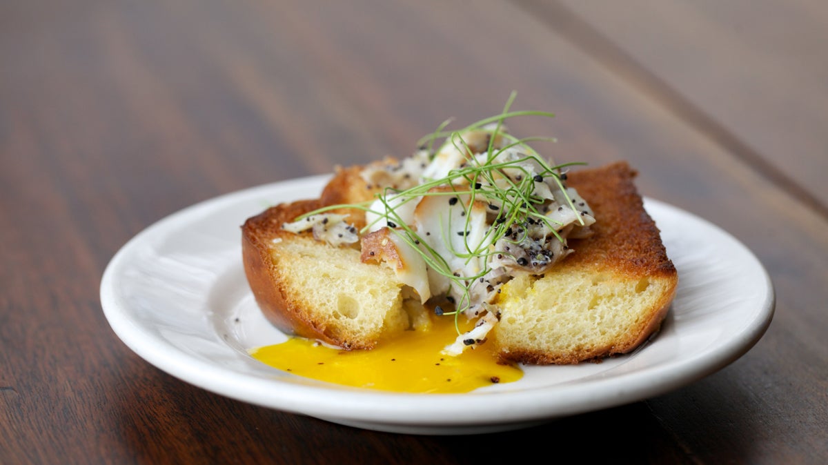  Zahav's Smoked Sable Bread, a house made challah served with egg, house smoked sablefish and topped with baby chives. (Nathaniel Hamilton/for NewsWorks) 