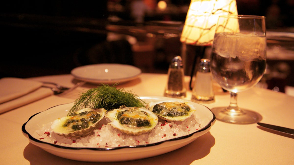  Butcher & Singer's Oysters Rockefeller: Oysters baked with spinach pernod, scallions and watercress, and topped with aged provolone and parmesan cheese. (Nathaniel Hamilton/for NewsWorks) 