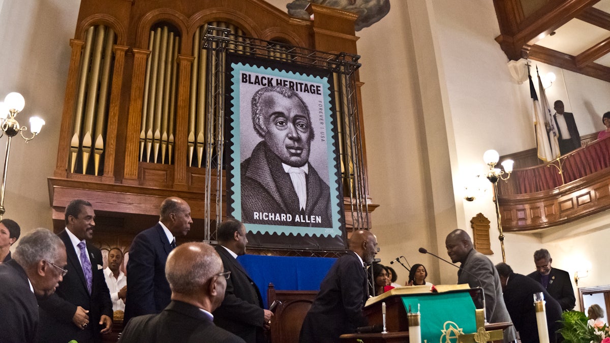 The Richard Allen forever stamp design was unveiled at the Mother Bethel AME Church Tuesday. (Kimberly Paynter/WHYY)
