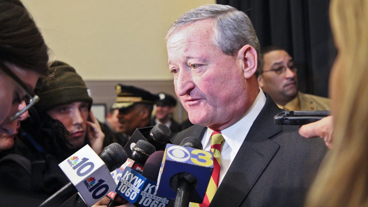  Mayor Jim Kenney talks with reporters after the swearing-in of Philadelphia's new Police Commissioner Richard Ross. (Kimberly Paynter/WHYY) 
