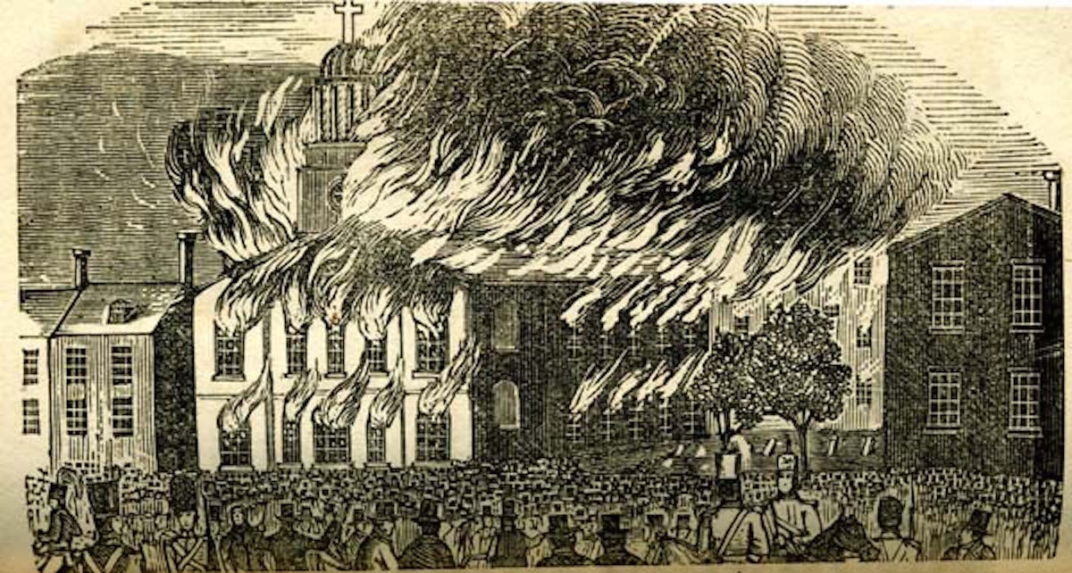  Burning of St. Augustine Church during the Philadelphia Nativist Riots in 1844. (Wikimedia Commons) 