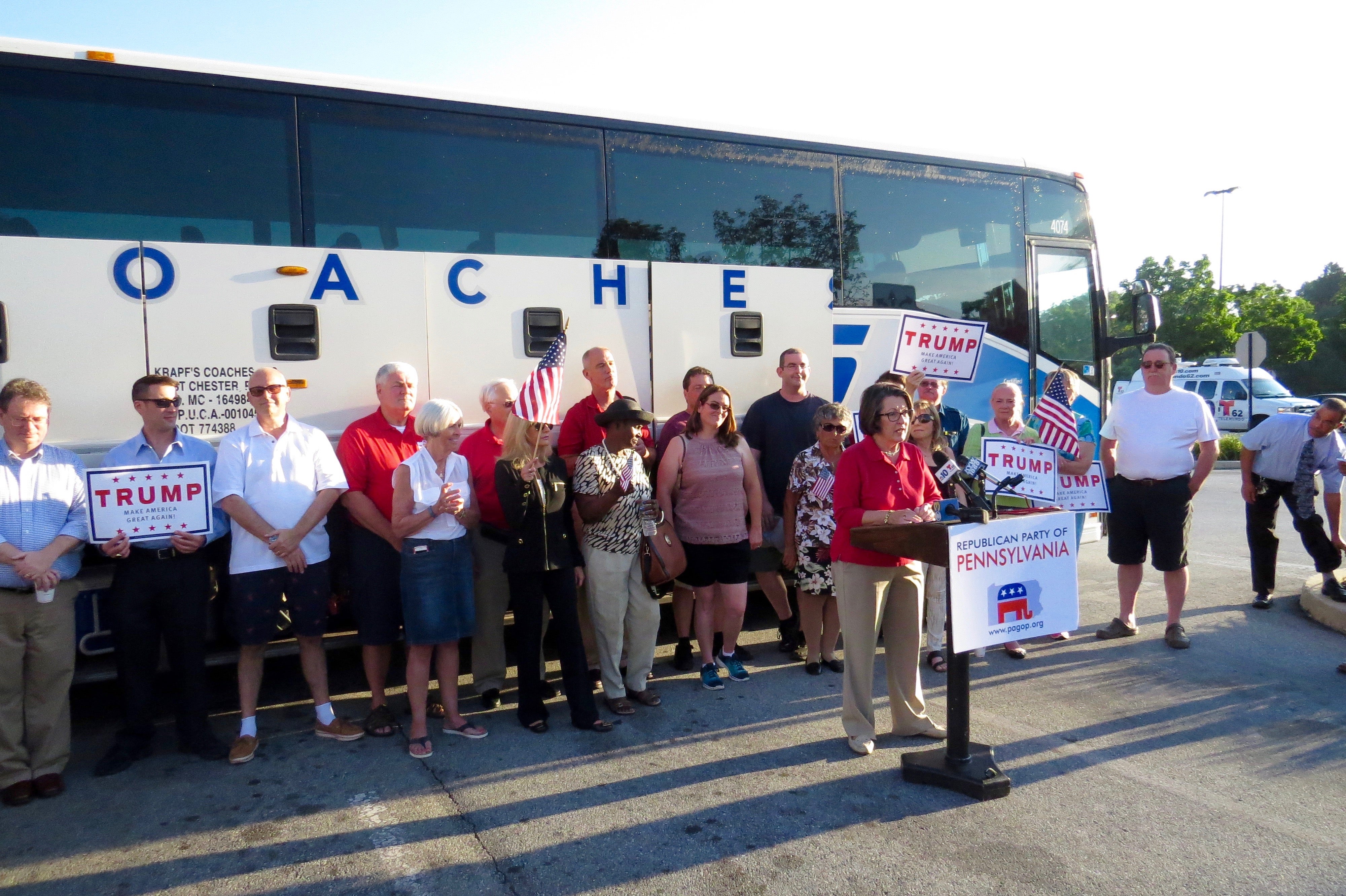 Republicans speak at rally in Exton Sunday before delegates board bus to Cleveland for Republican National Convention (Rob Zawatski)
