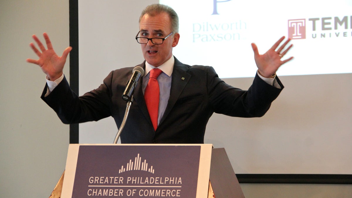  Daniel K. Fitzpatrick, chairman of the Greater Philadelphia Chamber of Commerce, introduces the Roadmap for Growth, which the organization hopes will influence the decisions of the next mayor of Philadelphia. (Emma Lee/WHYY) 