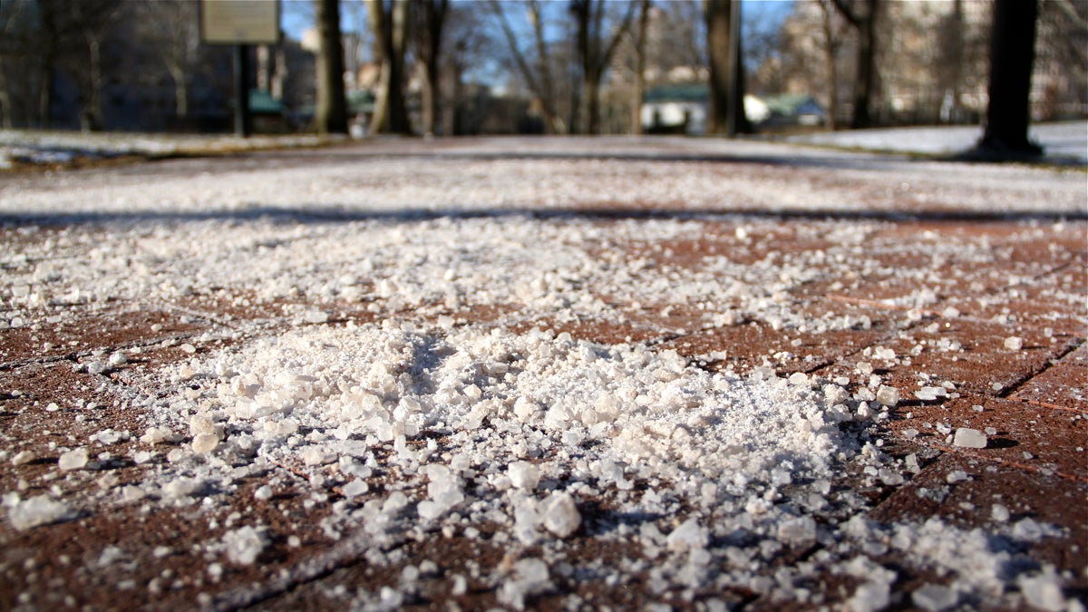  Rock salt covers the walkways in Franklin Square. (Emma Lee/WHYY) 