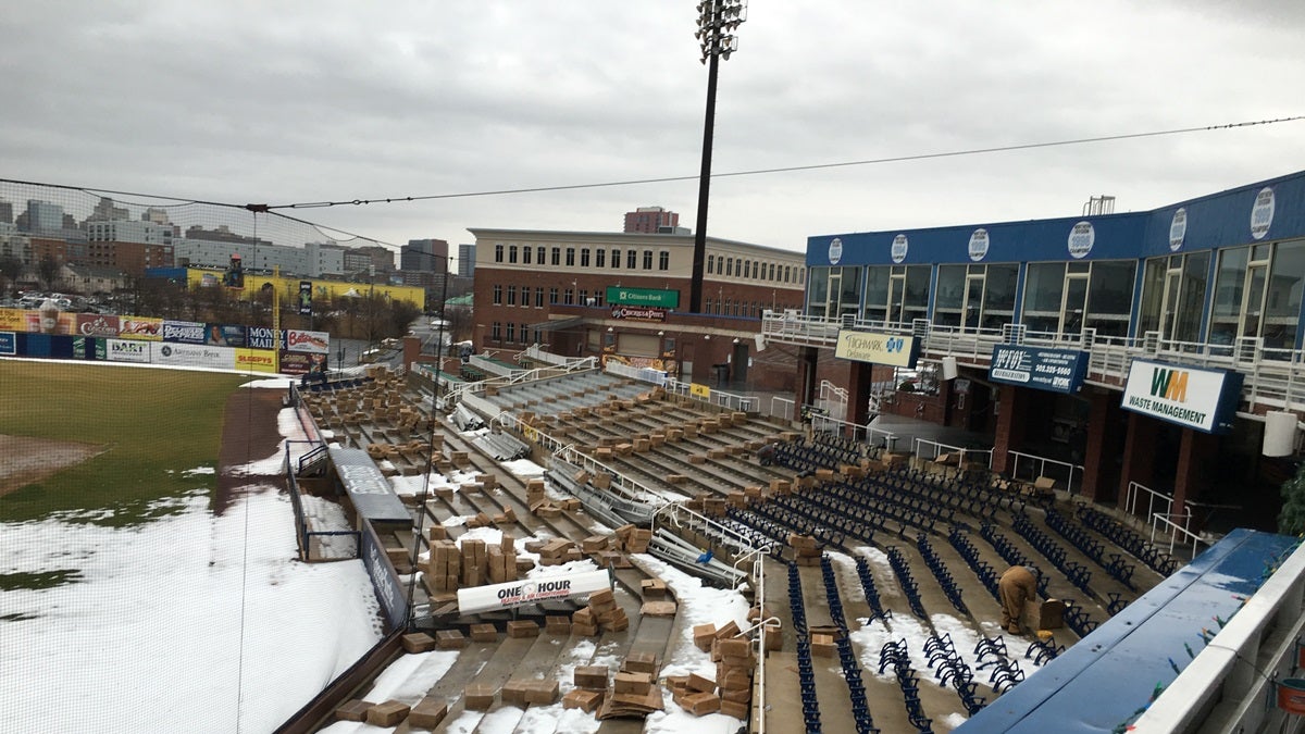  New seats ready to be installed are seen in boxes along rows at Frawley Stadium in Wilmington. (Mark Eichmann/WHYY) 