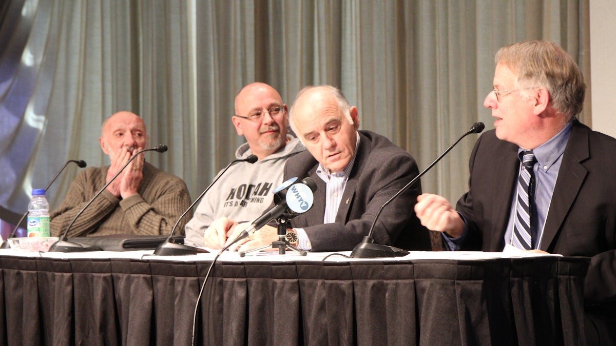  From left: Raymond Lorion, dean of the education school at Towson University; Frank Borelli, a retired police detective and editor of Officer.com; Dr. Anthony Semone, a forensic psychologist who has counseled both police and the families of at-risk children; Chris Satullo, WHYY vice president of news and civic dialogue. (Kimberly Paynter/WHYY) 
