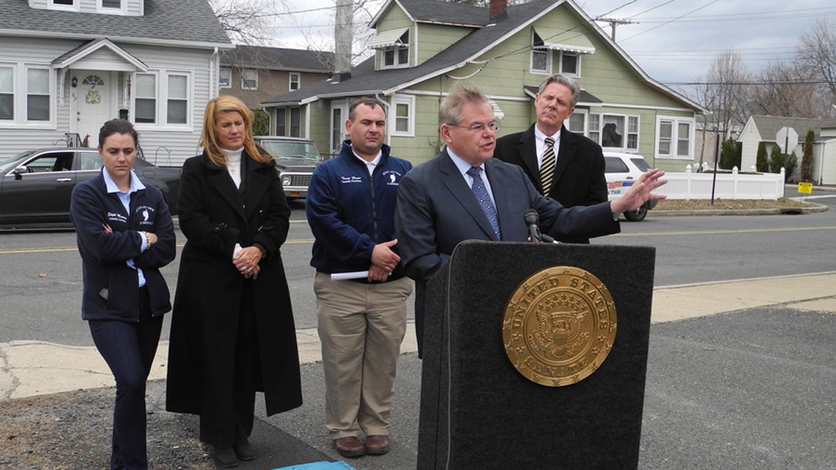  From left, Middletown Mayor Stephanie Murray, Monmouth County Freeholder Serena DiMaso, Middletown Township Committee member Tony Fiore, Sen. Bob Menendez (D-NJ), New Jersey Congressman Frank Pallone (D-N76).  (Tracey Samuelson/for NewsWorks) 