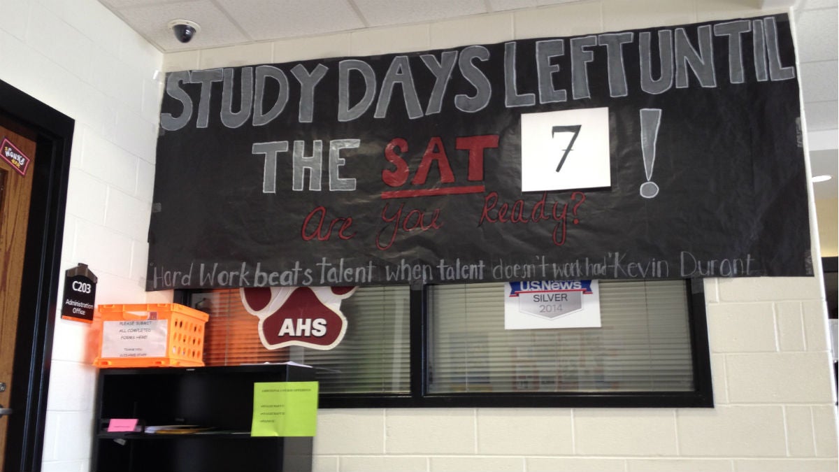 A sign at Appoquinimink High School in counts down the days until the in-school SAT. Delaware administers the SAT in every school. (Avi Wolfman-Arent