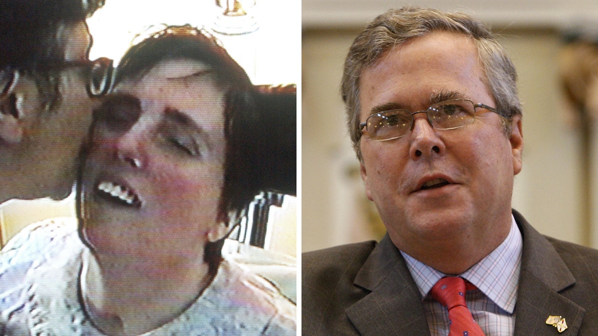  Left: Mary Schindler is shown kissing her daughter Terri Schiavo in an image taken a from videotape and released by the Schindler family in 2003. (AP Photo/Schindler Family Video, File) Right: Former Fla. Gov. Jeb Bush is shown in Oklahoma City in 2010. (AP Photo/Sue Ogrocki) 