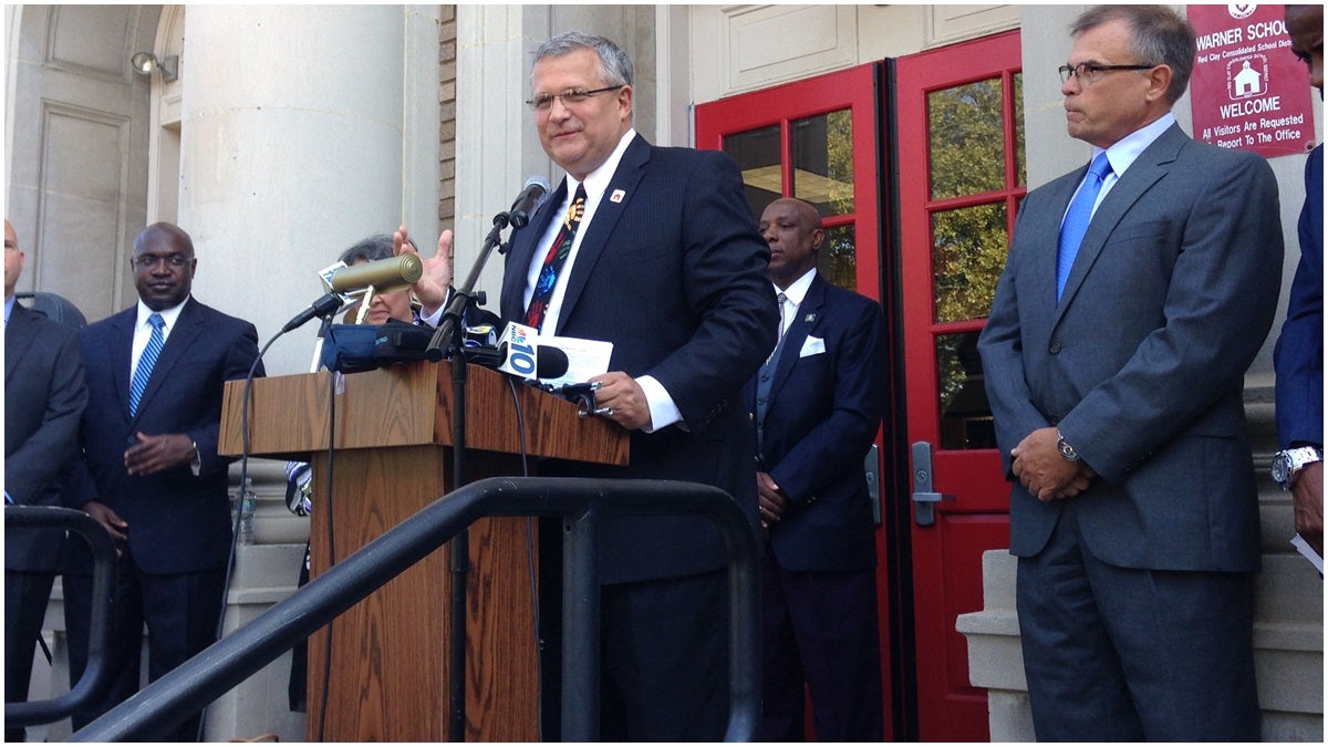  Red Clay Superintendent Merv Daugherty speaks during funding announcement (Shana O'Malley/for NewsWorks) 