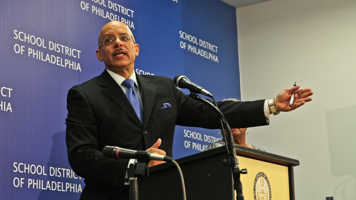  Pennsylvania State Sen. Vincent Hughes of Philadelphia and other senators held a press conference at school district headquarters Thursday morning to present new methods to fund education. (Kimberly Paynter/WHYY) 