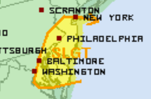  National Weather Service's Storm Prediction Center map indicating a slight risk of severe thunderstorms for the entire area.  