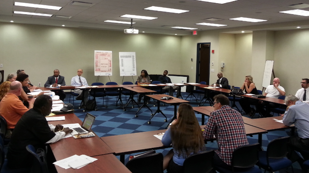  A view inside Thursday's meeting regarding the Queen Lane Apartments demolition plan. (Aaron Moselle/WHYY) 