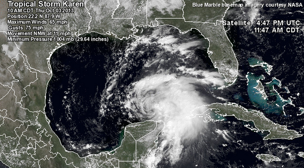  Tropical Storm Karen at 10:00 a.m. CDT today. (Image: Weather Underground) 