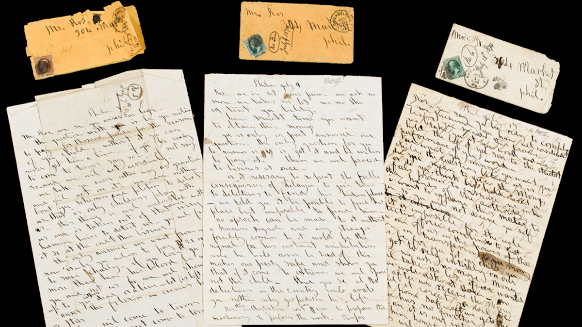  Rare finds, three of 23 ransom letters from an 1874 kidnapping that will be auctioned off on Nov. 14. (Image courtesy of Freeman's) 
