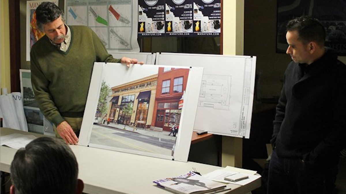  At a meeting in March,  David Kleckner and Dave Magrogan (right) shared details of Harvest, the yet-to-open restaurant envisioned for Main Street in Manayunk. (Matthew Grady/for NewsWorks) 