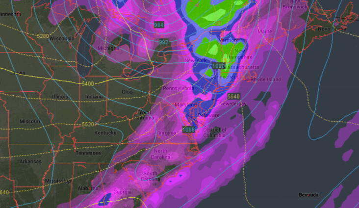  The cold frontal boundary passing through the region around sunrise Monday as seen in the latest GFS model output. (Image: Weather Underground) 