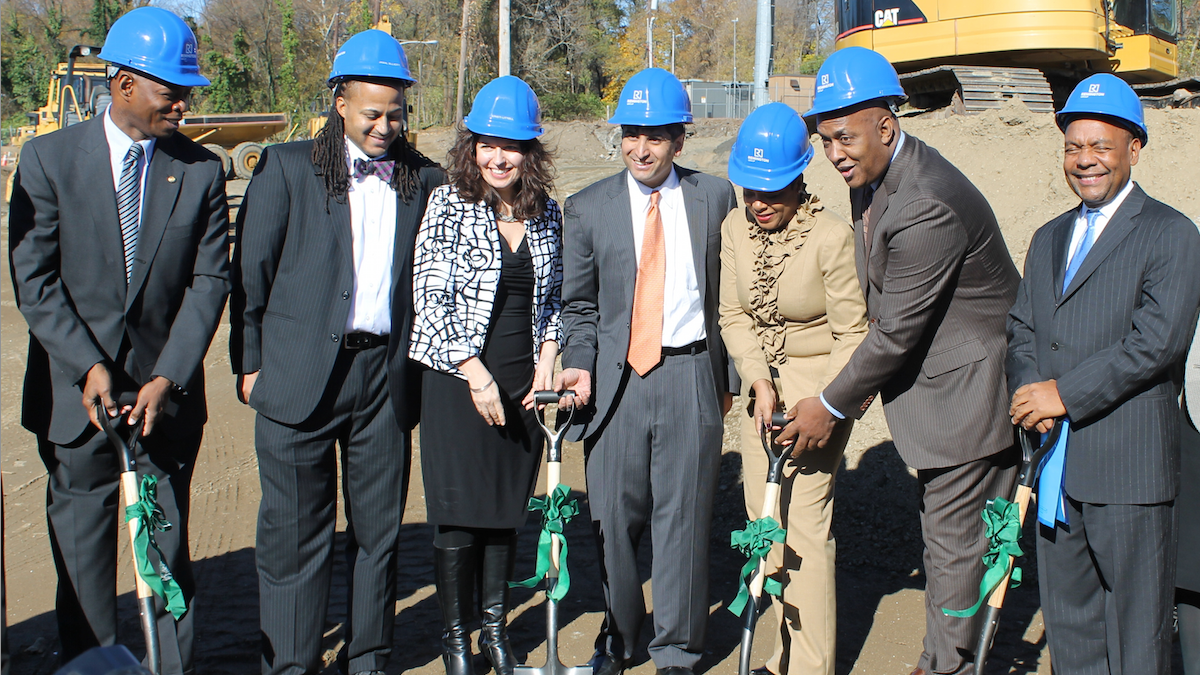  On Monday, officials broke ground for Wissahickon Charter School's new Awbury Campus on Monday. (Matthew Grady/for NewsWorks) 