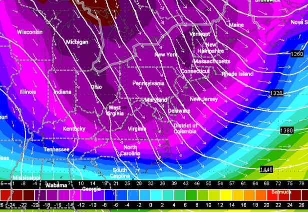  A northwest flow will deliver bitter Arctic air early Sunday through Monday. This is a GFS forecast model snapshot of temperatures about a mile above ground around sunrise Sunday.  