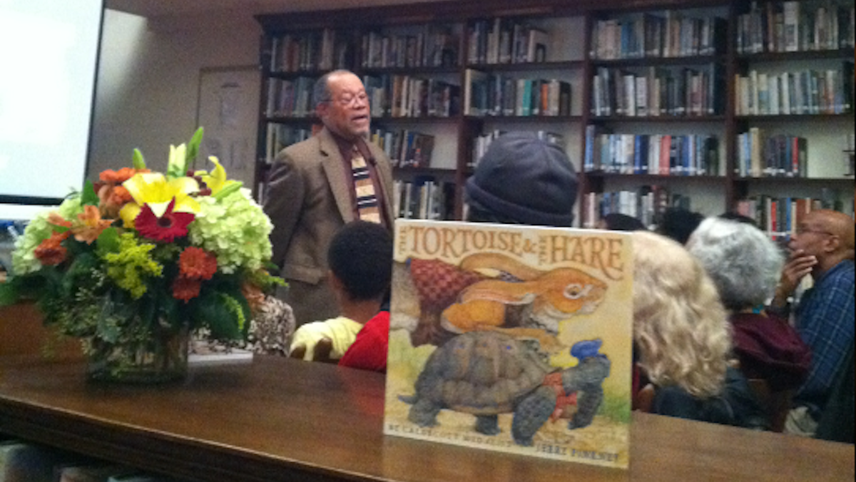  Author and illustrator Jerry Pinkney spoke at Germantown Friends School's inaugural Community Writers Series event on Wednesday night. (Laura Benshoff/for NewsWorks) 