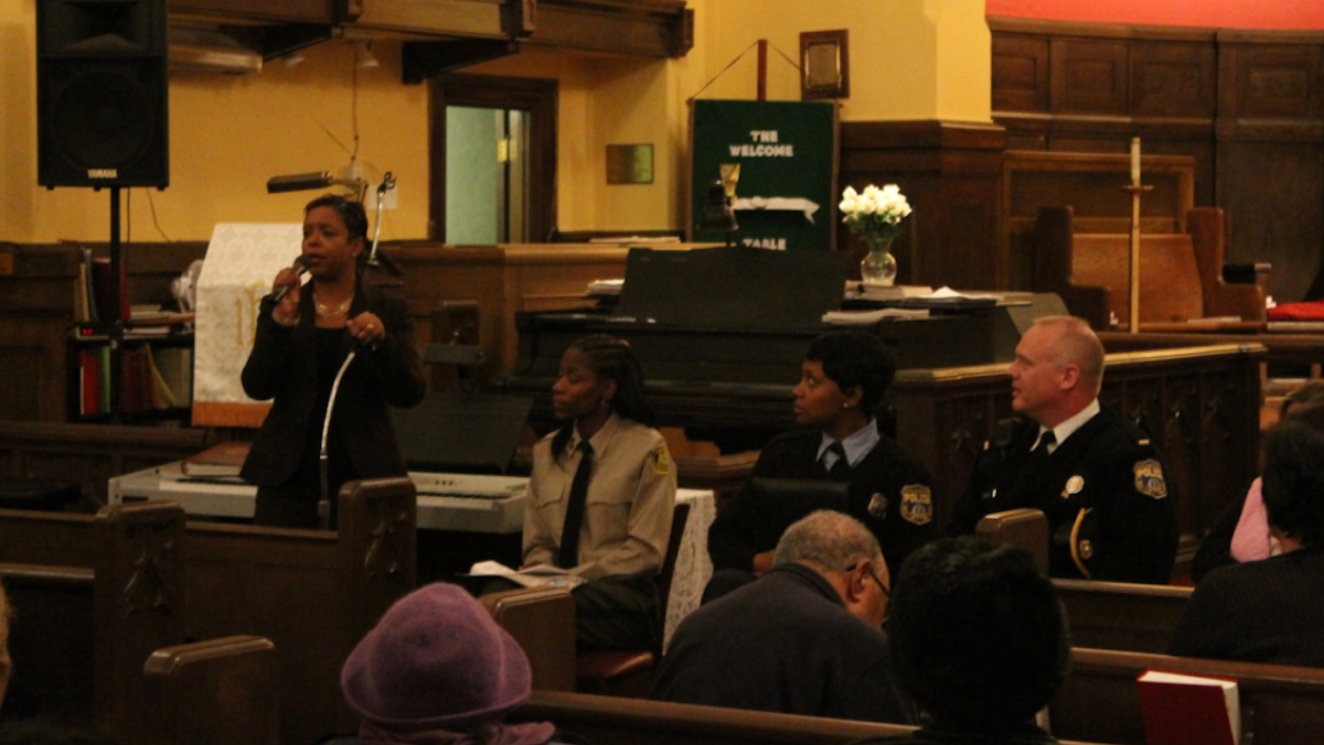  Eighth District City Councilwoman Cindy Bass speaks to residents at St. Mark's Evangelical Lutheran Church in Northwest Philadelphia. (Matt Grady/for NewsWorks) 