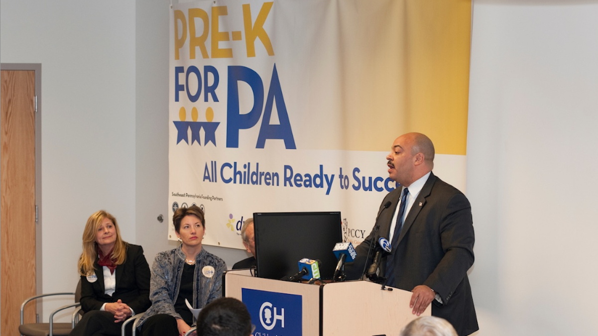  Philadelphia District Attorney Seth Williams speaks at Thursday's event. Also pictured: Sharon Easterling (DVAEYC) and Jill Michal (United Way). (Photo Courtesy of PreK for PA)  