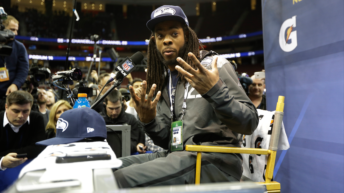  Seattle Seahawks' Richard Sherman answers a question during media day for the NFL Super Bowl XLVIII football game Tuesday in Newark, N.J. (AP Photo/Jeff Roberson) 