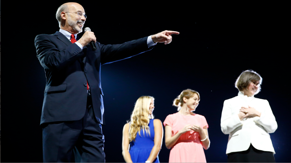  Pennsylvania Democratic gubernatorial nominee Tom Wolf accompanied by his wife Frances, right, and daughters, Sarah, center left, and Katie speaks to supporters during a primary election night watch party in York. (AP Photo/Matt Rourke) 