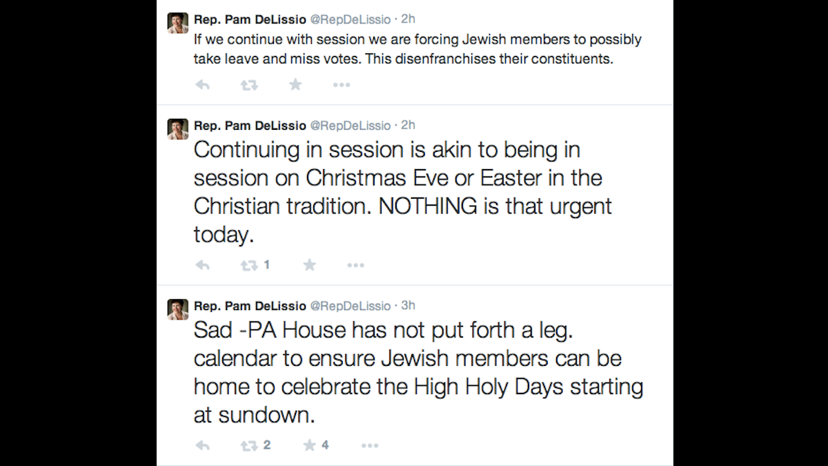  A screenshot of state Rep. Pam DeLissio's tweets on Wednesday afternoon.  