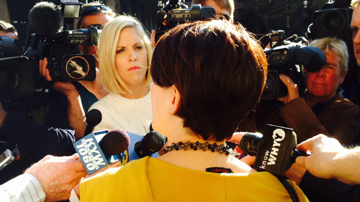  Nina Spizer, the attorney appointed to represent abduction suspect Delvin Barnes, speaks to the media after Wednesday's brief hearing. (Brian Hickey/WHYY) 