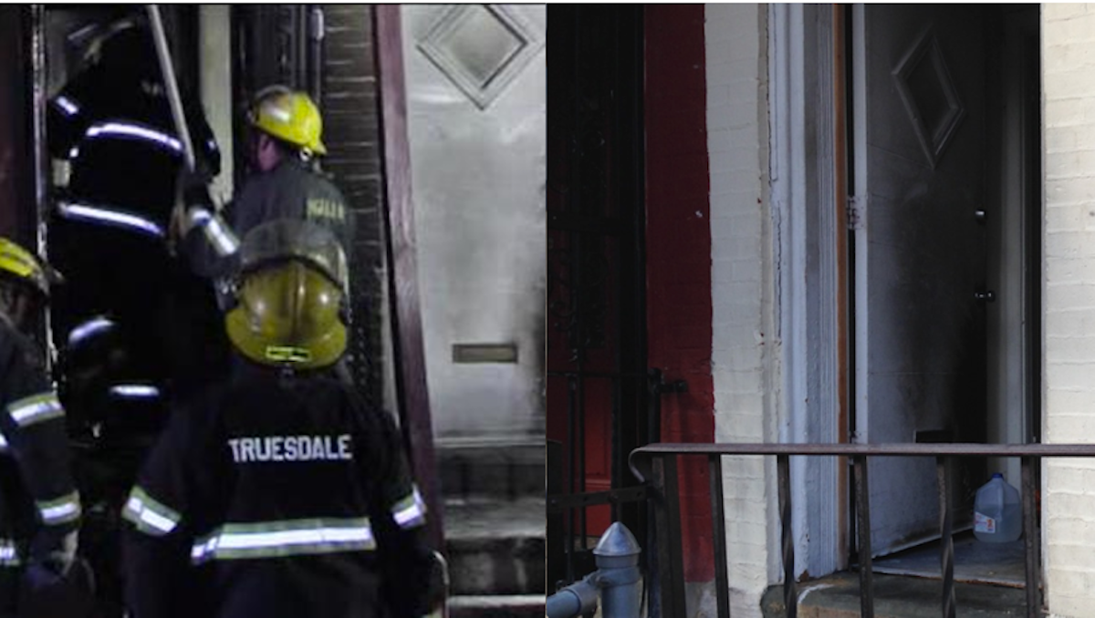  (L-R) Sunday morning activity at the Coulter St. fire; the door of the neighboring property that had been firebombed two weeks ago. (Courtesy of 6abc; Brian Hickey/WHYY) 
