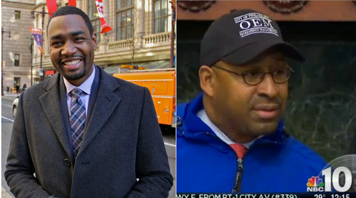  As Mayor Michael Nutter's former spokesman, mayoral candidate Doug Oliver (left) has some insight into behind-the-scenes snowstorm preparations. (NewsWorks file art, NBC10 screengrab via Billy Penn) 