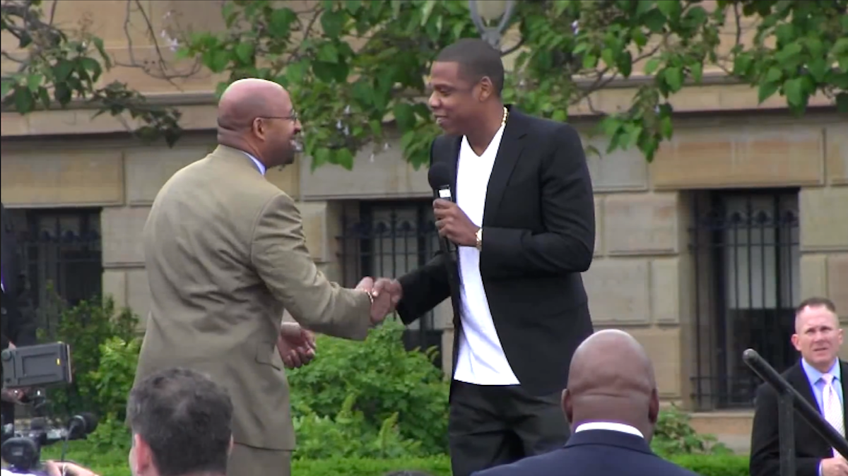  Mayor Michael Nutter took to a luncheon stage to a song by Jay-Z, pictured here announcing his Parkway music festival. (Image via YouTube) 