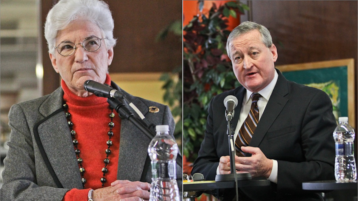  Philadelphia mayoral candidates Lynne Abraham and Jim Kenney are in the midst of a pension-related dust-up. (Kimberly Paynter/WHYY) 
