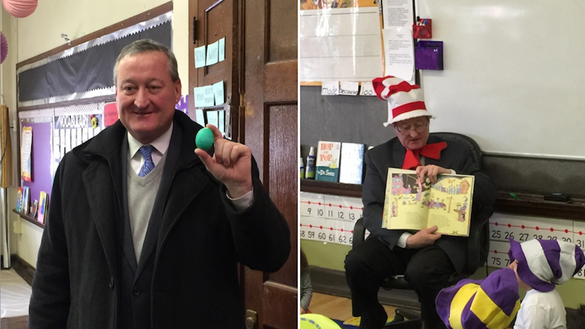  Democratic mayoral candidate Jim Kenney holds a green egg (left) and reads 'Oh, The Places You'll Go!' at a South Philly elementary school on Monday. (Brian Hickey/WHYY) 