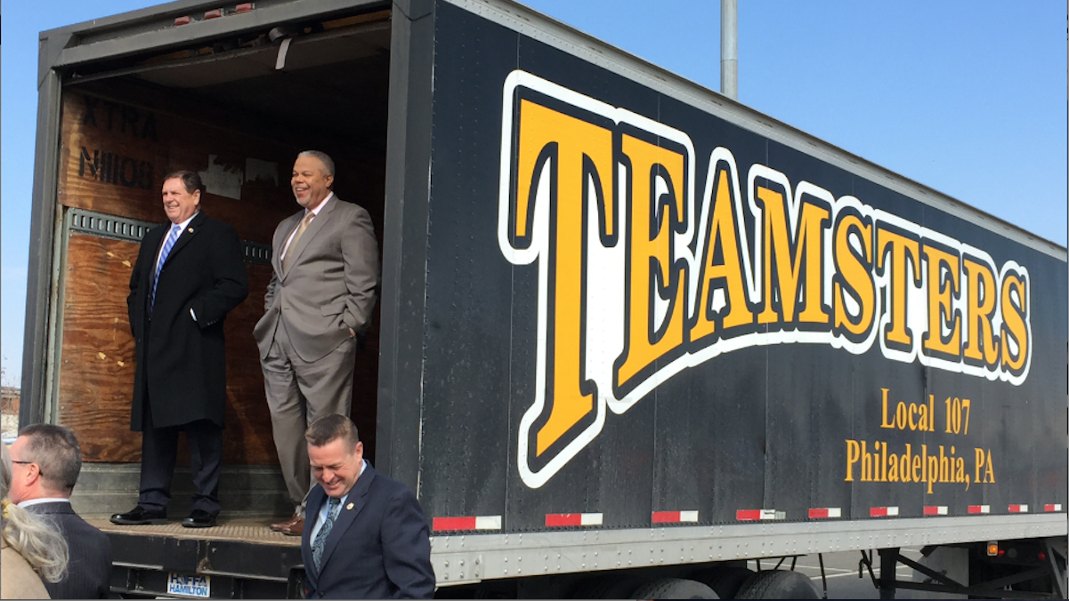  Mayoral candidate Tony Williams and Local 107 President William Hamilton await the start of Monday's endorsement event. (Brian Hickey/WHYY) 