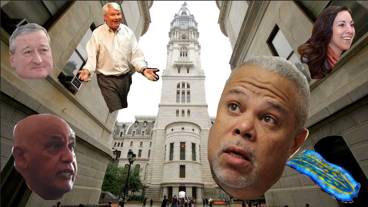  The answers in today's quotes quiz, with City Hall as a backdrop. (NewsWorks, photo illustration) 