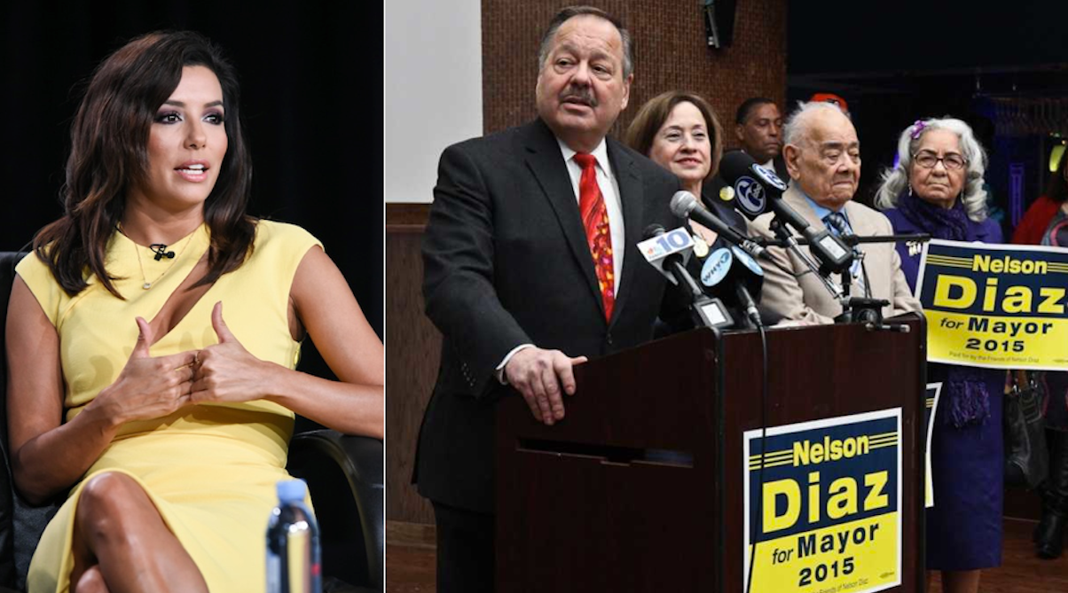  A national non-partisan organization helmed by actress Eva Longoria (left) endorsed mayoral candidate Nelson Diaz. (AP Photo; Kimberly Paynter/WHYY) 
