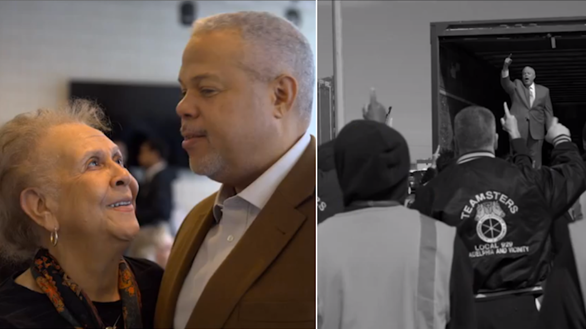  The first Tony Williams campaign commercial features a family vibe (left) and footage from a recent Teamsters endorsement event in South Philadelphia (right). (Stills from YouTube version of commercial) 